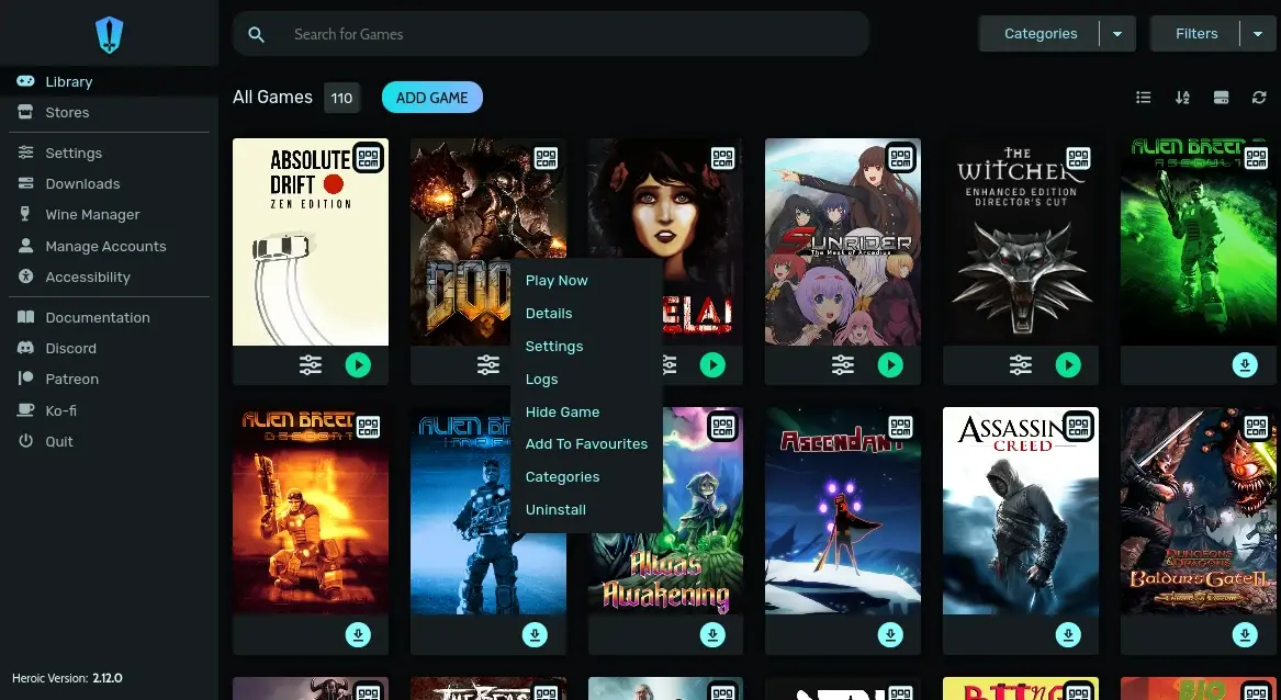 Menu d'Heroic Games Launcher