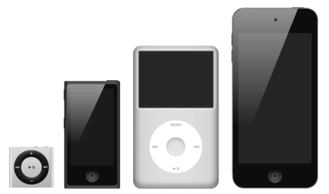 Photo des iPod shuffle, nano, classic et touch