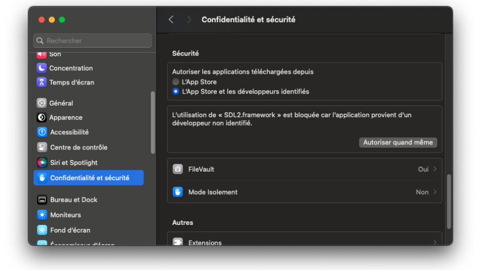 Les réglages de sécurité avec SDL à autoriser