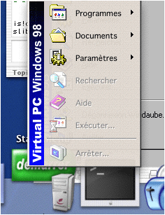 VirtualPC avec le menu démarrer dans le Dock