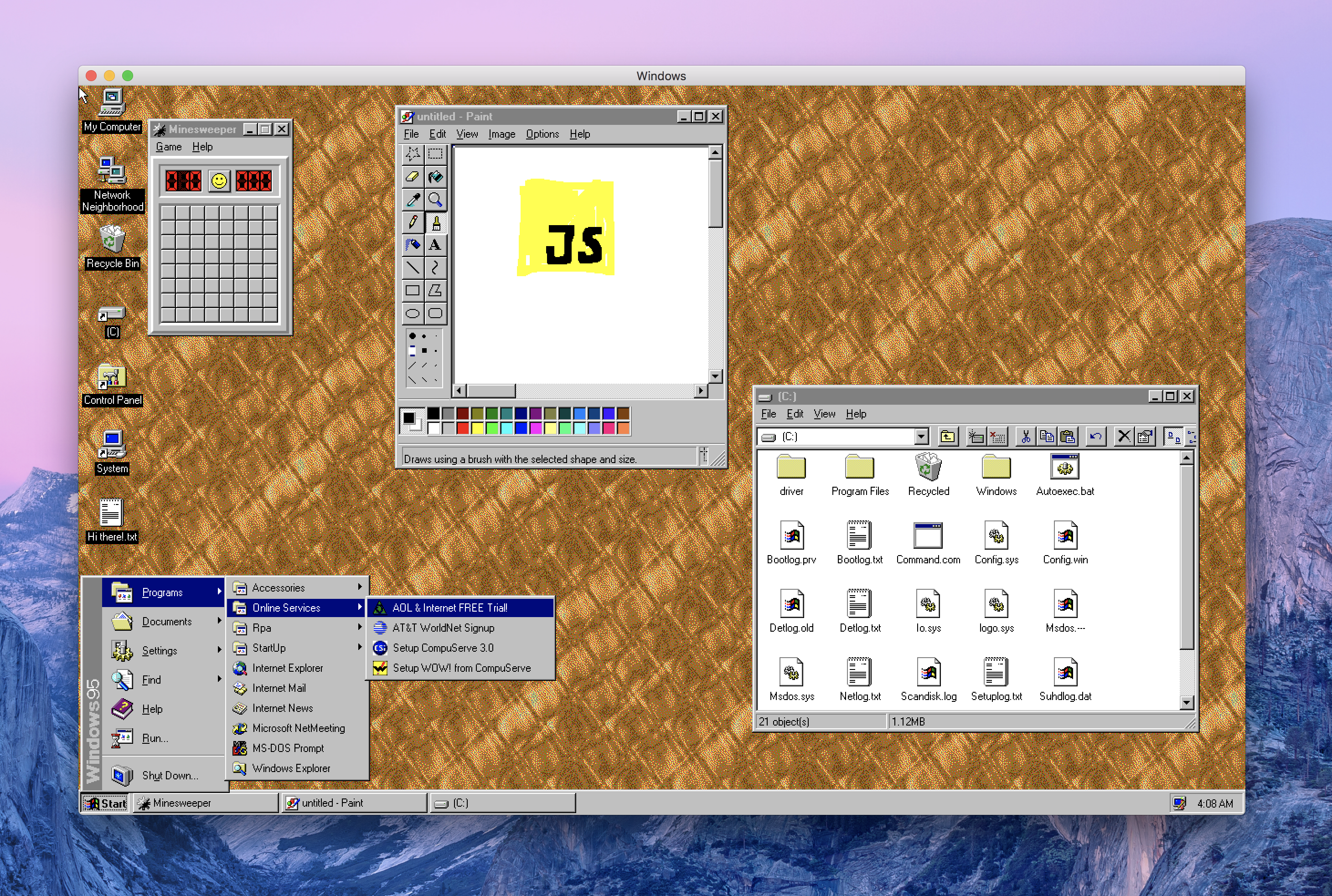Screenshot de l'émulateur javascript windows 95